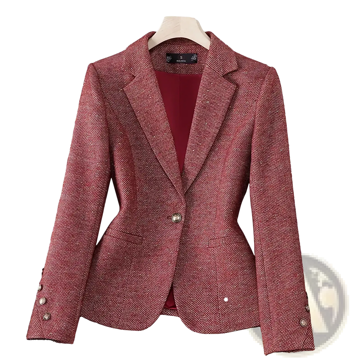 Women office blazer slim long sleeve work jacket in textured maroon herringbone fabric with silver buttons