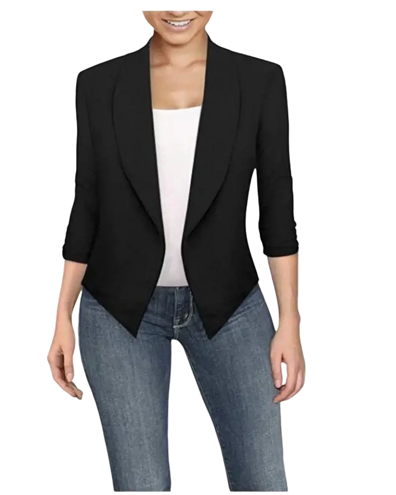 Black women office blazer with solid fabric, three-quarter sleeves, and a notched lapel for professional wear