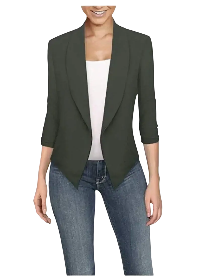 Dark olive green women office blazer with a sleek tailored fit and three-quarter length sleeves for professional wear