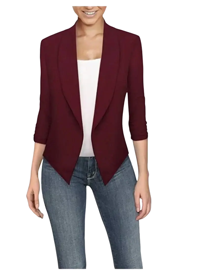 A maroon women office blazer with solid three-quarter sleeves and a notched lapel worn over a white top