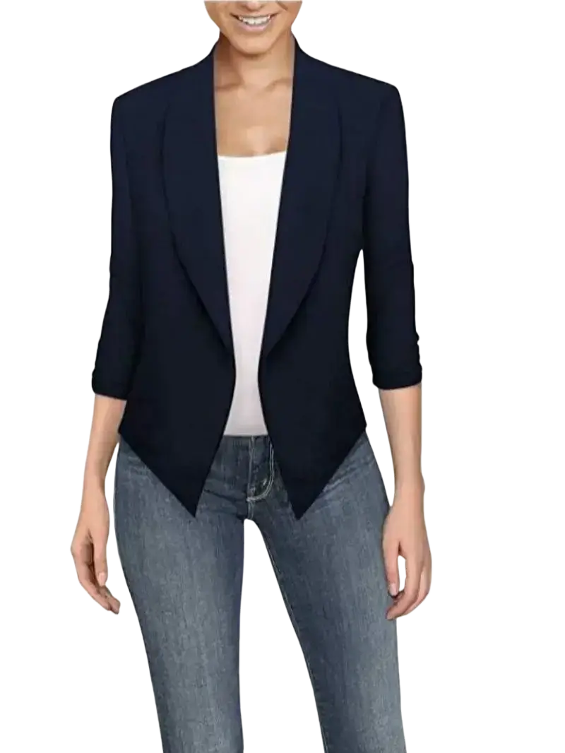 Navy blue women office blazer with solid three-quarter sleeves and a notched lapel for professional wear