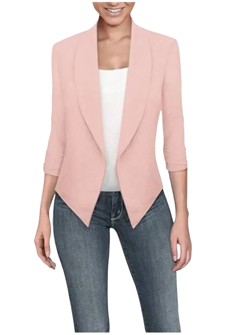 A soft pink women office blazer with three-quarter sleeves, notched lapel, and asymmetrical hemline