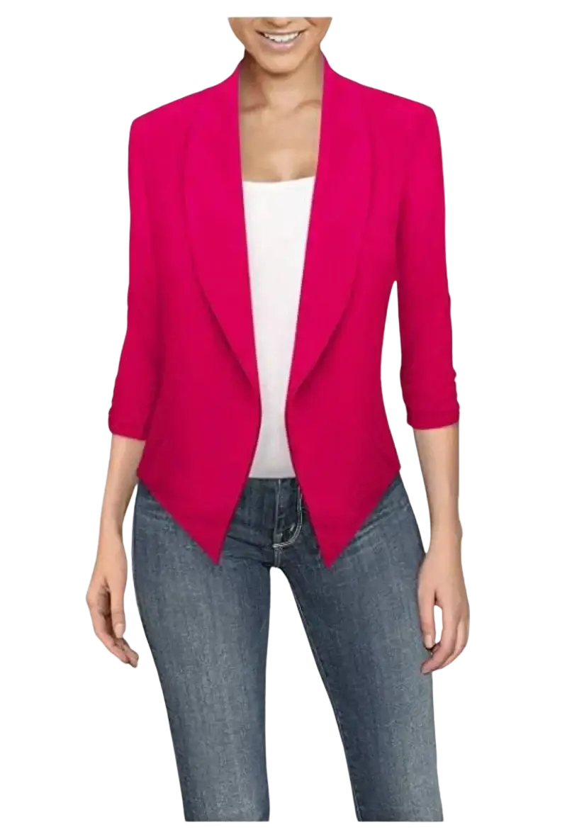 A vibrant fuchsia women office blazer with a sleek tailored fit and solid three-quarter length sleeves