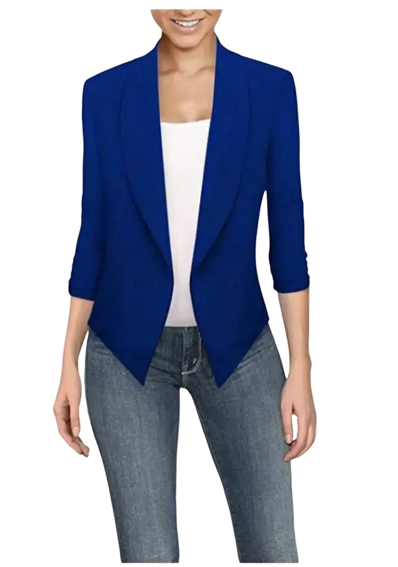 A vibrant royal blue women office blazer with solid three-quarter sleeves and a sleek modern cut