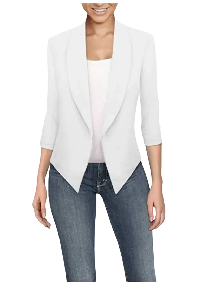 White women office blazer with sleek modern design and three-quarter sleeves, ideal for professional wear