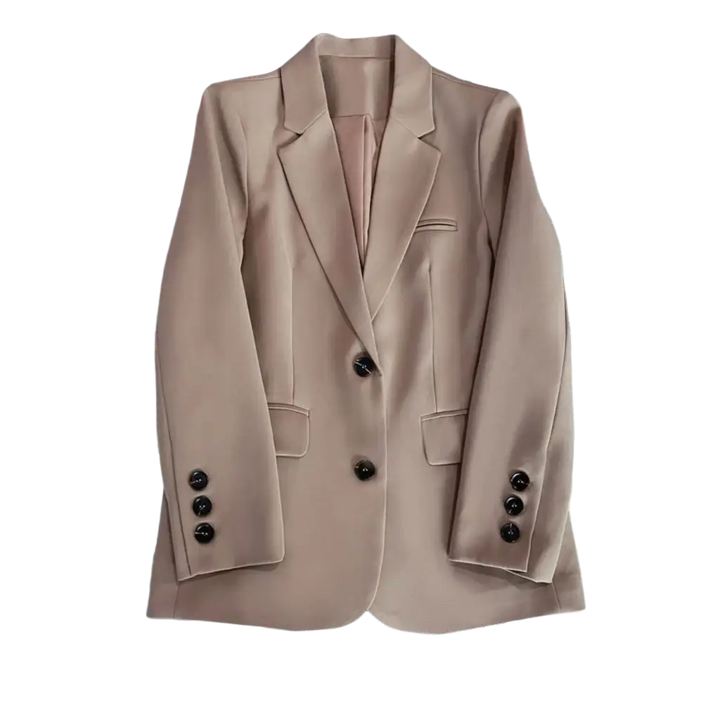 Beige tailored women office blazer with sleek design and black buttons single button jacket for professional wear