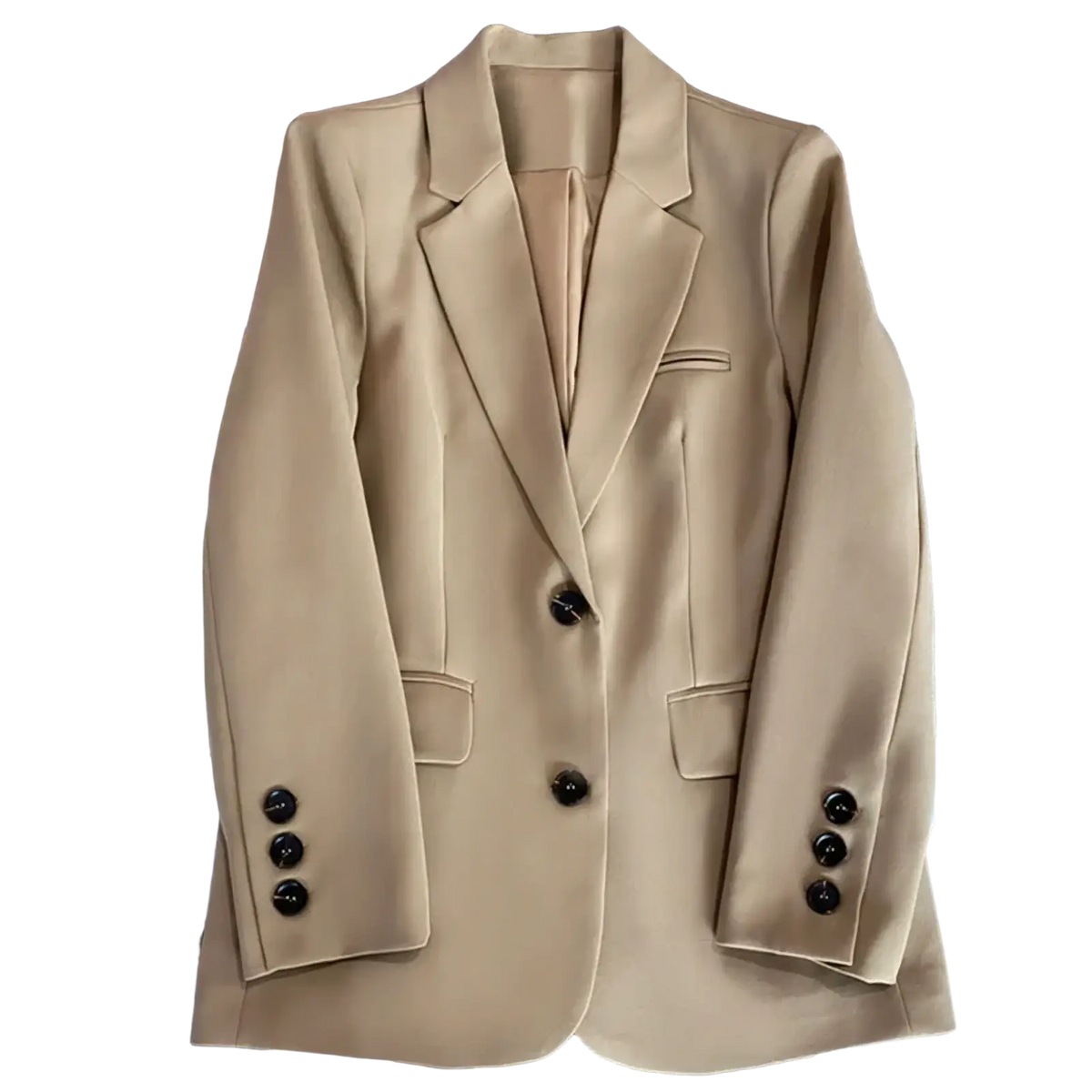 Beige double-breasted women office blazer with black buttons and tailored fit for professional attire