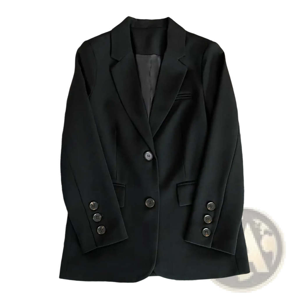 Black double-breasted women office blazer with sleek tailored fit and matching buttons for professional wear
