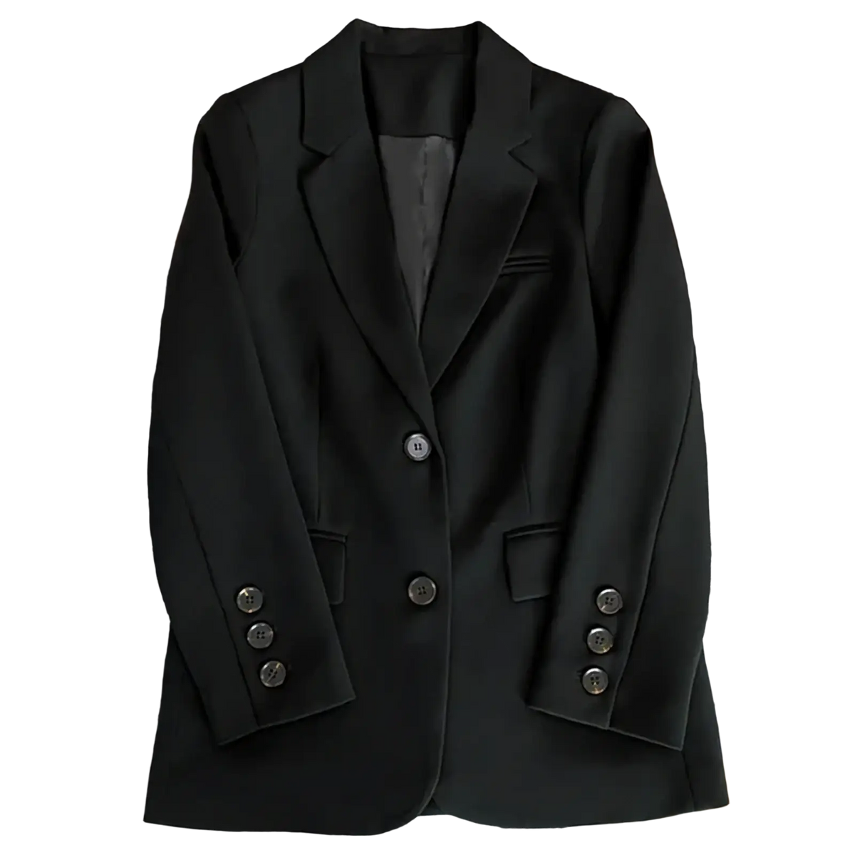 Black women office blazer with sleek tailored fit and three-button cuffs for professional formal wear