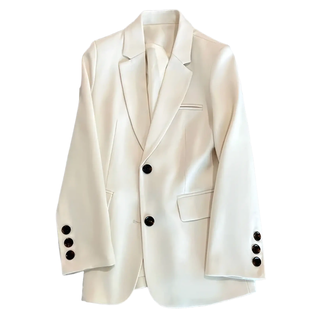 Cream-colored women office blazer with black buttons and a sleek tailored design for professional wear