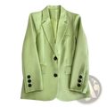 A sleek light green women office blazer with tailored fit and black buttons for professional wear