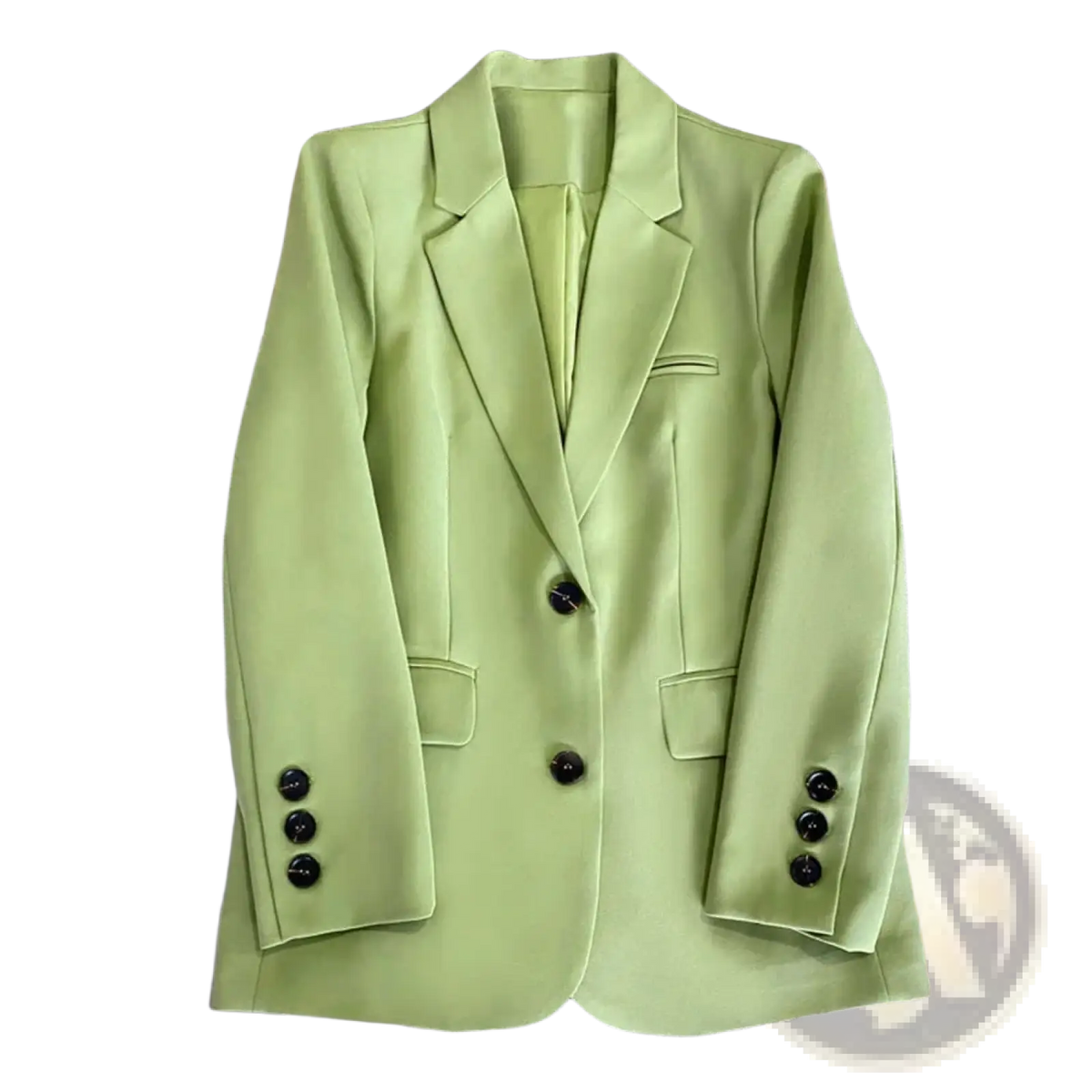 A sleek light green women office blazer with tailored fit and black buttons for professional wear