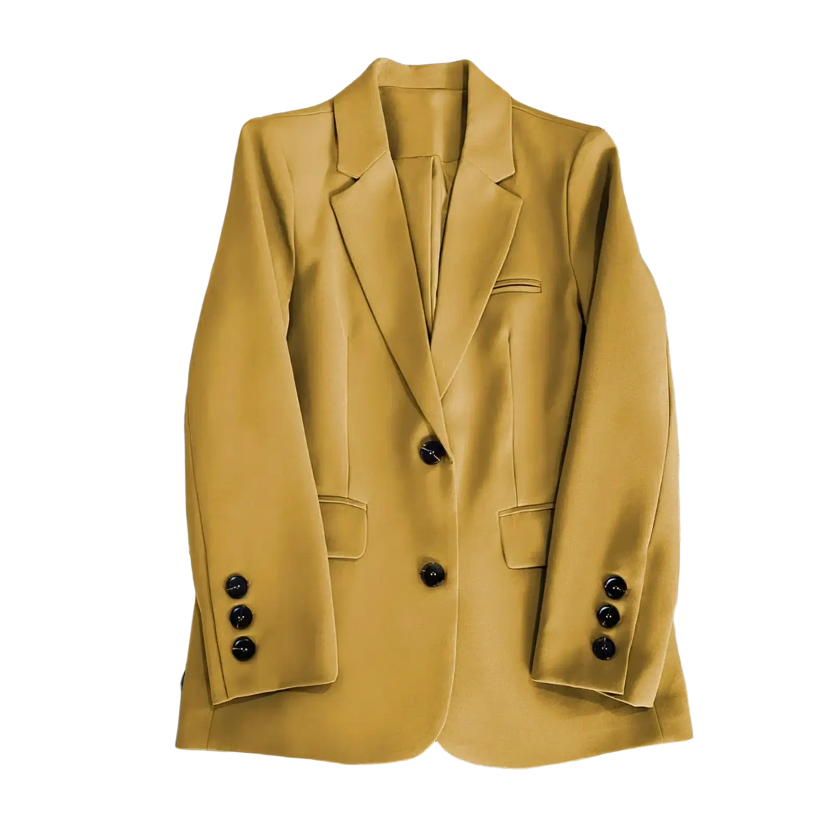 A mustard-yellow women office blazer with black buttons and a tailored single button fit for formal wear