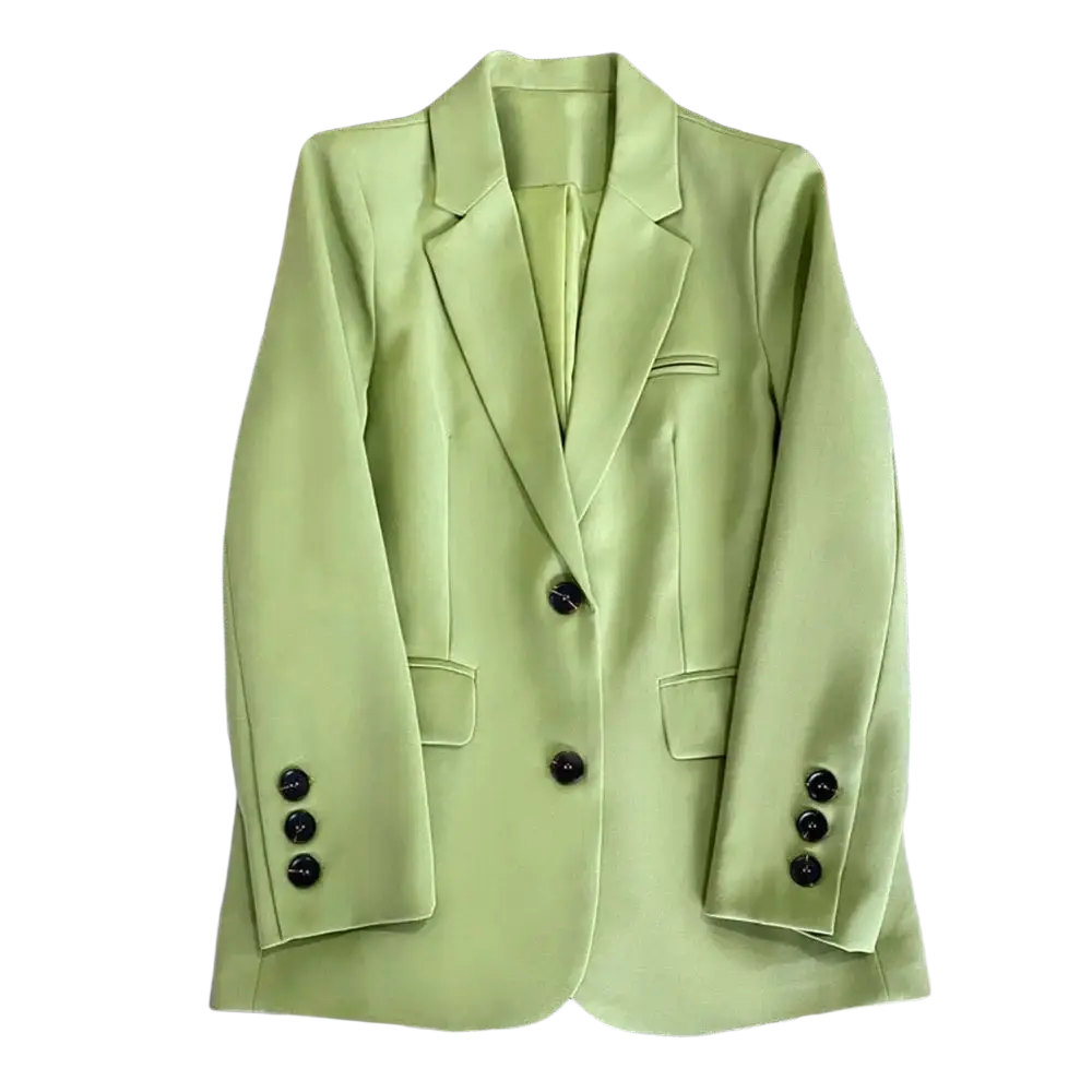 A sleek light green women office blazer with tailored fit and black buttons for professional wear