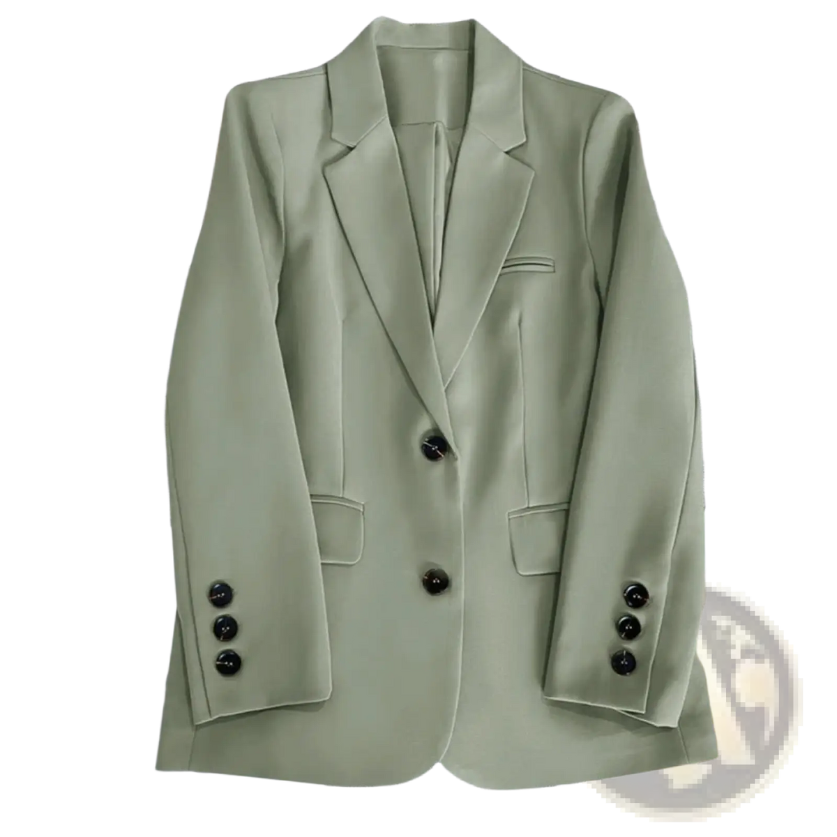 A sleek olive-green tailored women office blazer with black buttons designed for professional wear