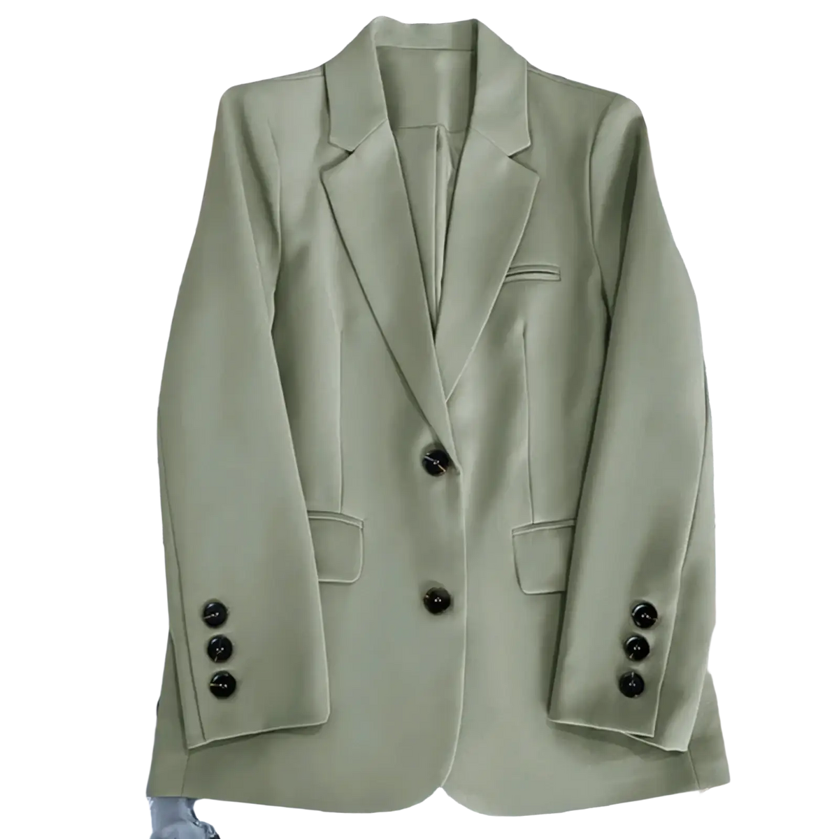 A sleek olive-green women office blazer with black buttons and a tailored fit for professional wear