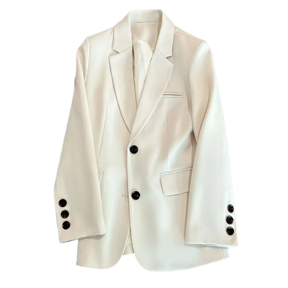 A sleek off-white tailored women office blazer with black buttons perfect for professional settings