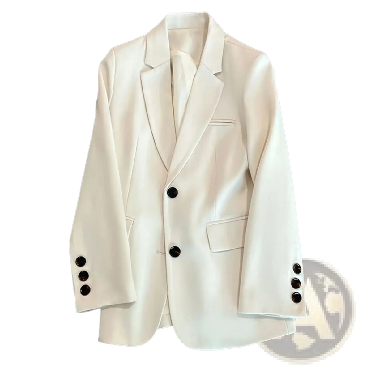 A sleek off-white tailored women office blazer with black buttons perfect for professional settings