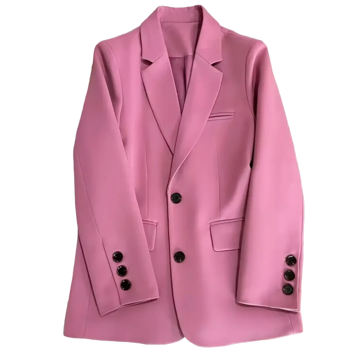 A soft pink women office blazer with tailored fit and black single button jacket ideal for professional wear