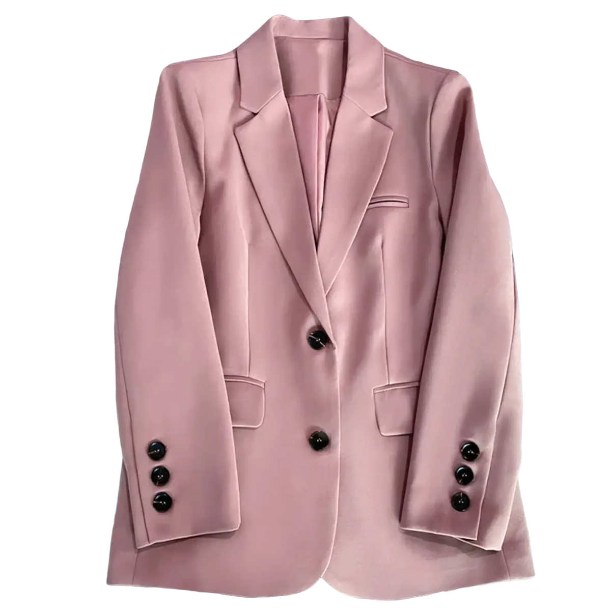 Women office blazer tailored single button jacket in soft pink with sleek fit and black buttons on front and cuffs
