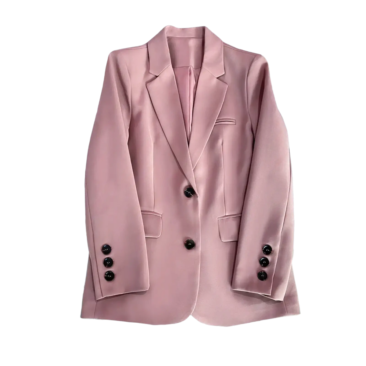 A soft pink women office blazer with a tailored fit and black buttons for a polished professional look