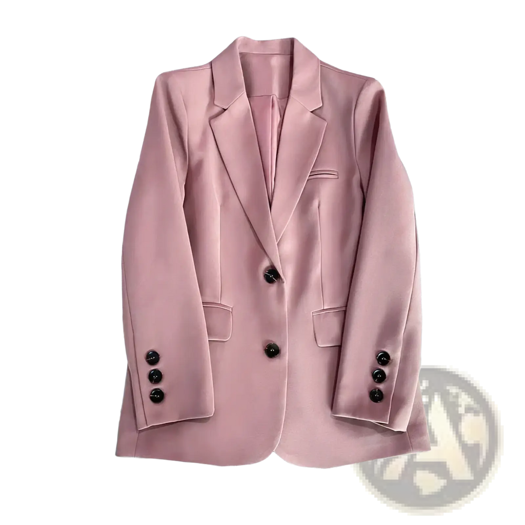 A soft pink women office blazer with a tailored fit and black buttons for a polished professional look
