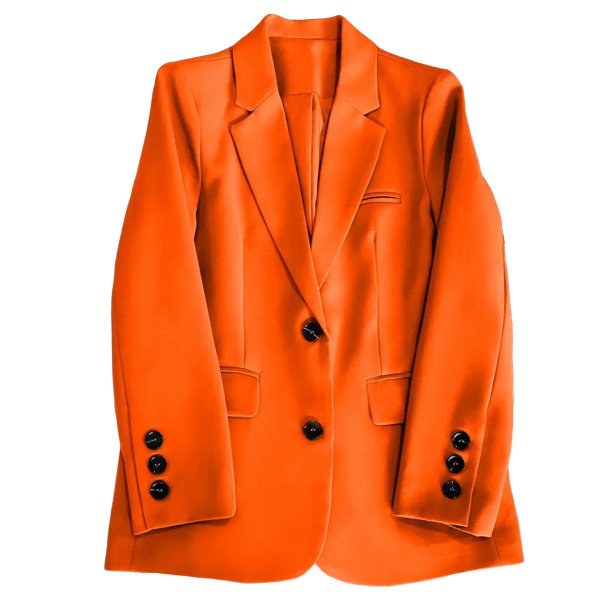 Women office blazer tailored single button jacket in vibrant orange velvet with black buttons and structured lapels
