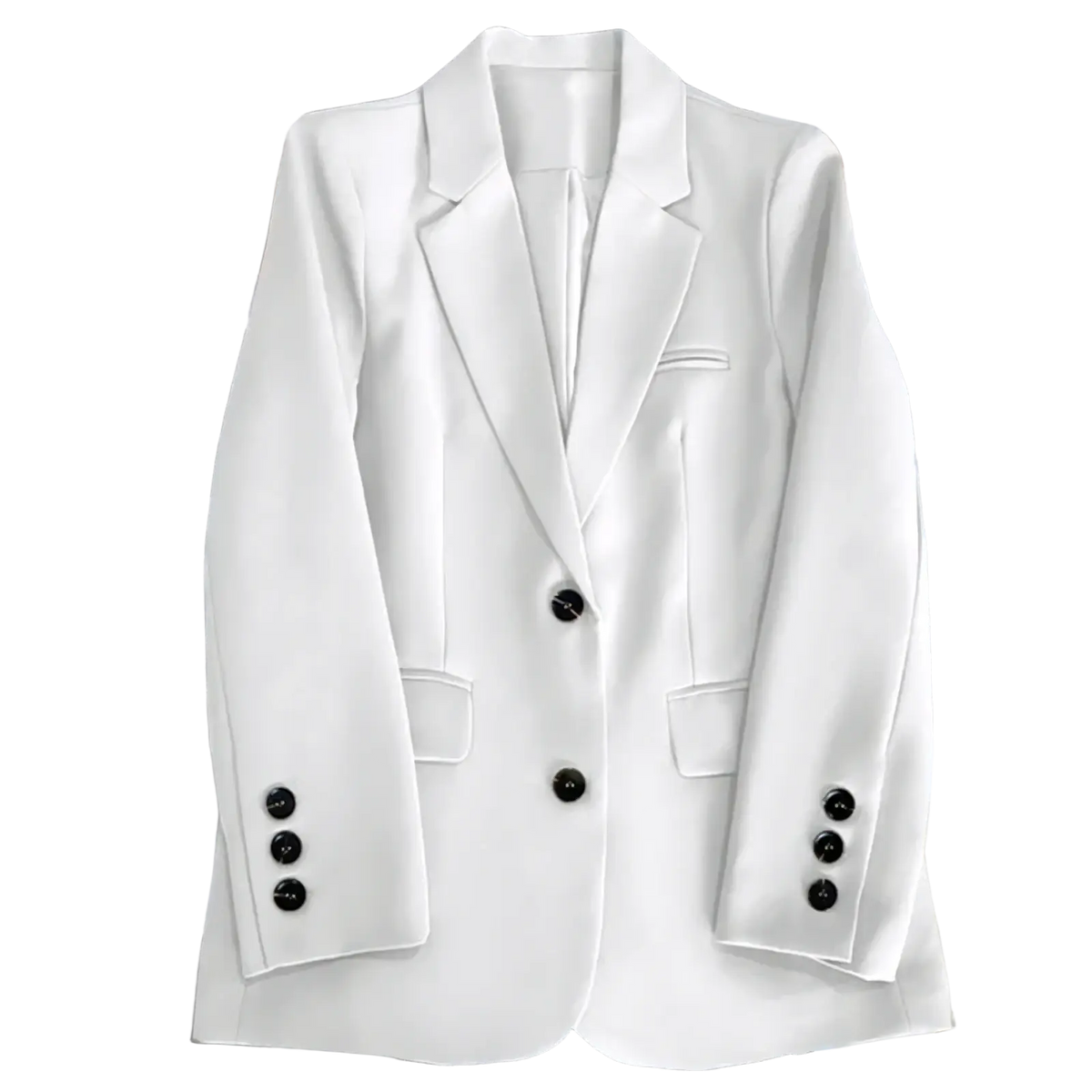 White double-breasted tailored women office blazer with black buttons and a sleek design for professional use
