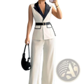 Cream-colored sleeveless blazer with black satin lapels and belt paired with wide-leg trousers office vest and pants set