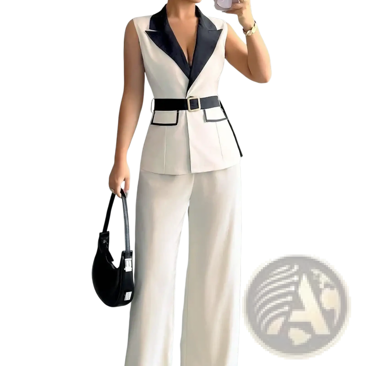 Cream-colored sleeveless blazer with black satin lapels and belt paired with wide-leg trousers office vest and pants set