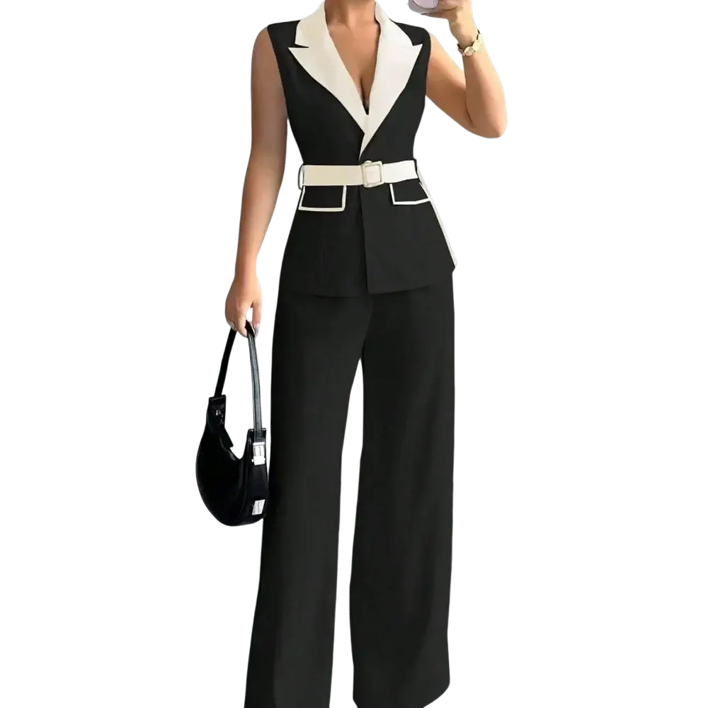 Black sleeveless blazer jumpsuit with white collar and belt details from women office vest and wide leg pants set