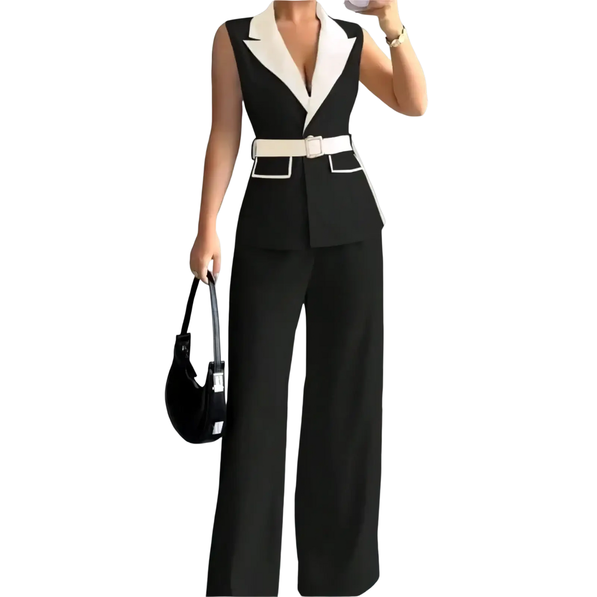 Black and white sleeveless blazer jumpsuit with structured collar tailored fit and wide-leg trousers for office wear