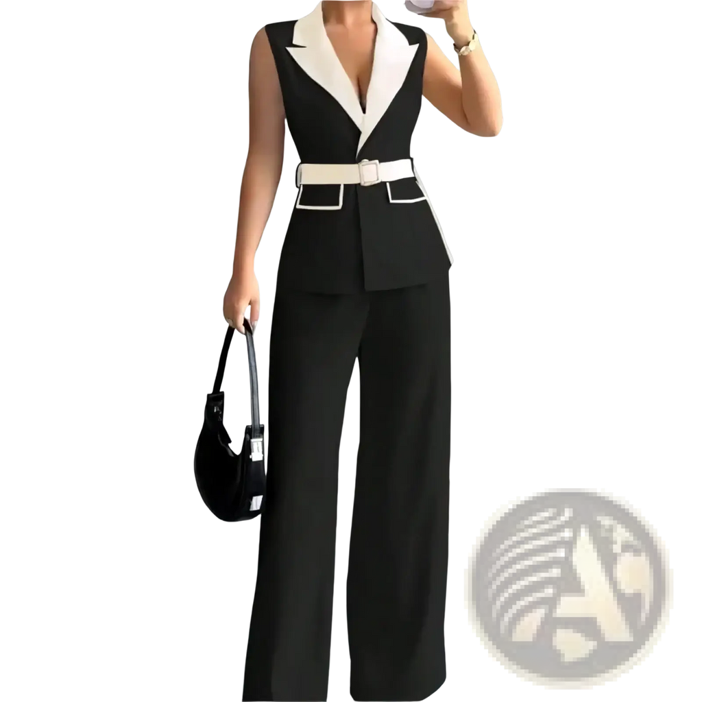 Black and white sleeveless blazer jumpsuit with structured collar tailored fit and wide-leg trousers for office wear