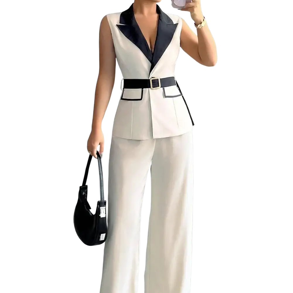 Cream-colored sleeveless blazer with black satin lapels and belt paired with wide-leg trousers office vest and pants set