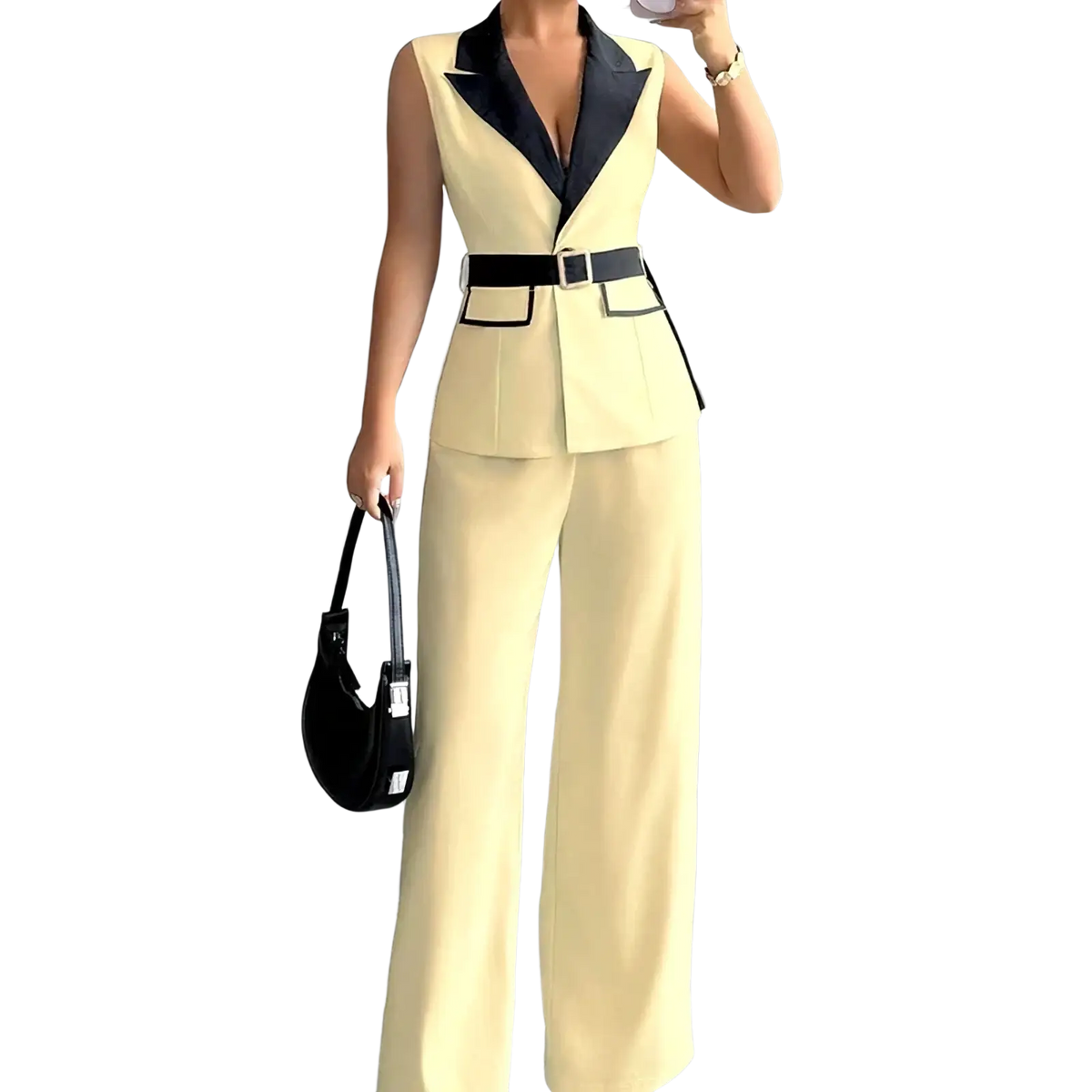 Women office vest and wide leg pants set in cream sleeveless blazer with black lapel and belt paired with matching trousers