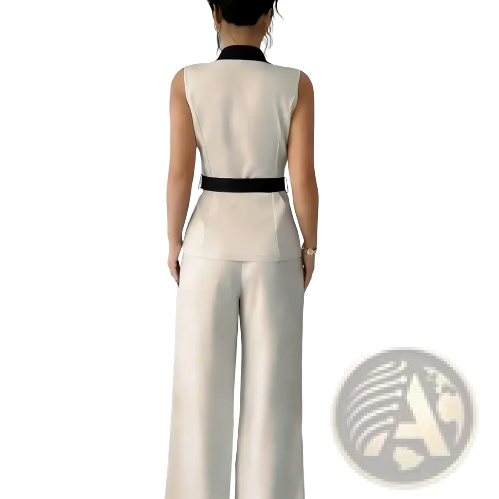 Cream-colored sleeveless blazer with black collar and belt paired with matching wide-leg trousers women office vest set
