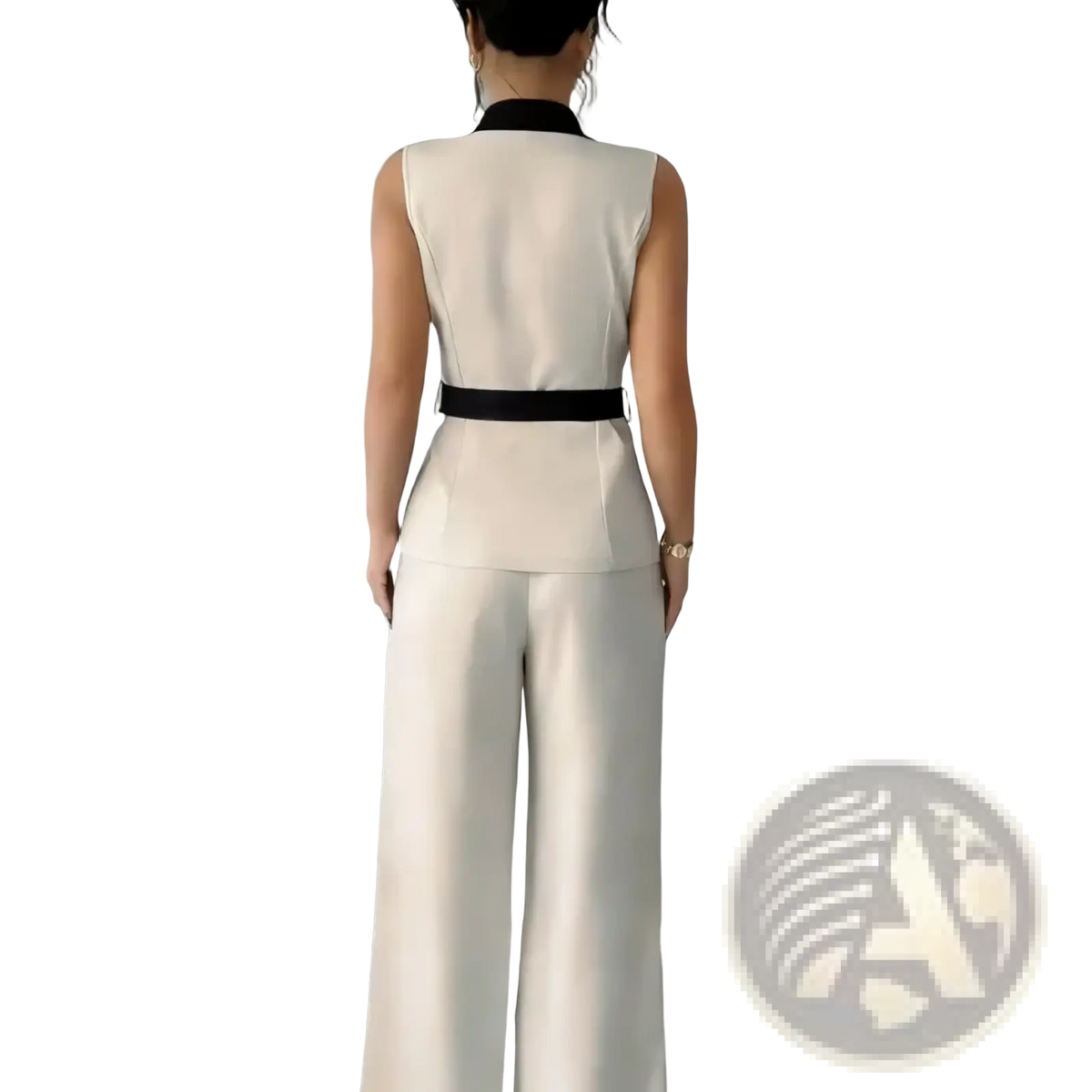 Cream-colored sleeveless blazer with black collar and belt paired with matching wide-leg trousers women office vest set