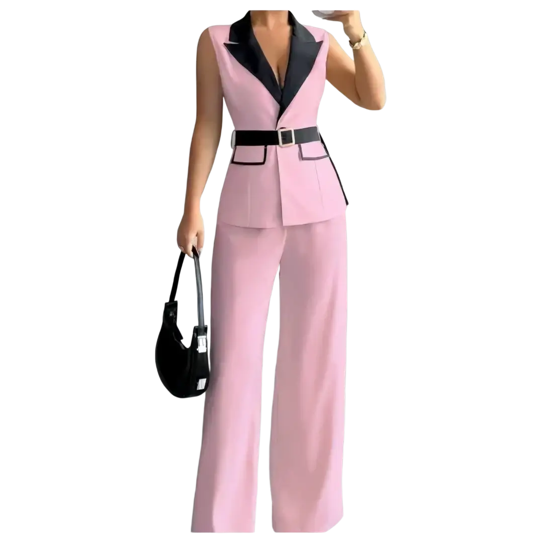 Women office vest and wide leg pants set featuring a pink sleeveless blazer with black lapel and matching trousers