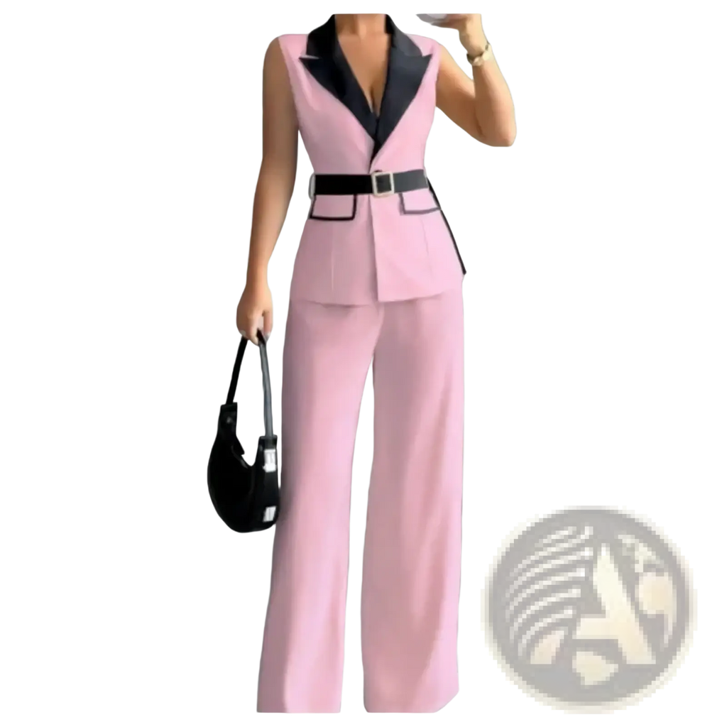 Women office vest and wide leg pants set featuring a pink sleeveless blazer with black lapel and matching trousers
