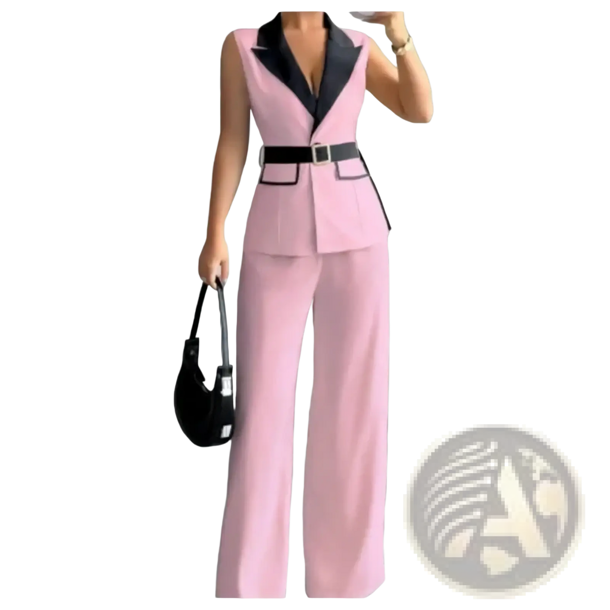 Women office vest and wide leg pants set featuring a pink sleeveless blazer with black lapel and matching trousers