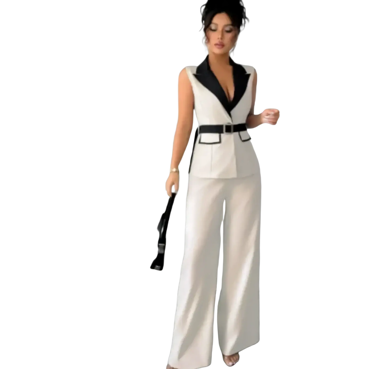 White sleeveless women office vest and wide leg pants set with black collar and matching belt for professional wear