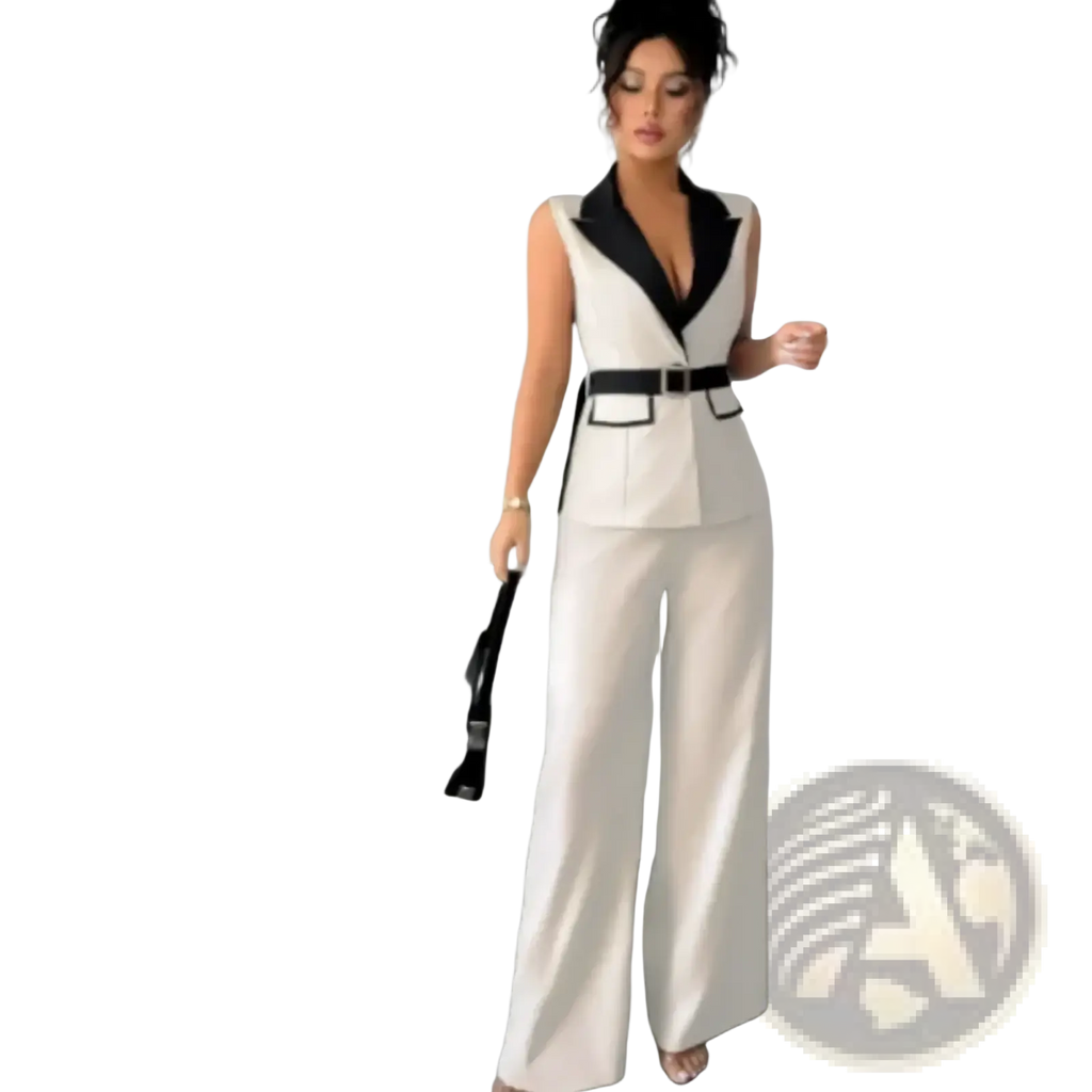 White sleeveless women office vest and wide leg pants set with black collar and matching belt for professional wear