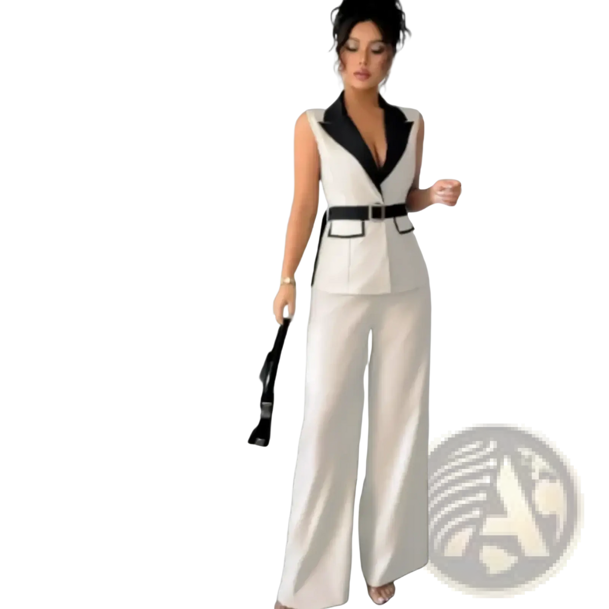 White sleeveless women office vest and wide leg pants set with black collar and matching belt for professional wear