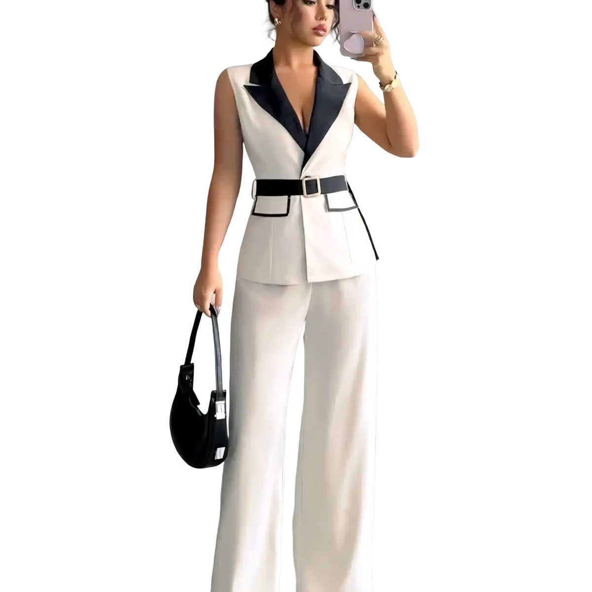 Women office vest and wide leg pants set featuring a two-piece white and black suit with navy lapels and belted waist