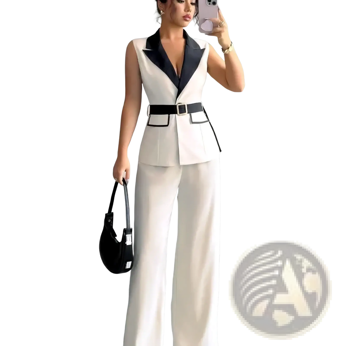 Women office vest and wide leg pants set featuring a two-piece white and black suit with navy lapels and belted waist