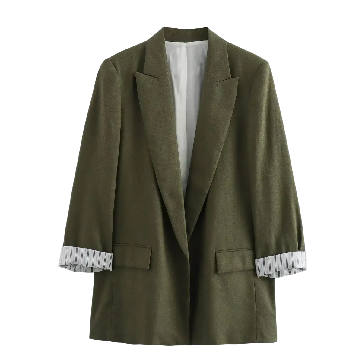 Women olive green blazer featuring striped cuffs and white inner lining in a formal tailored style