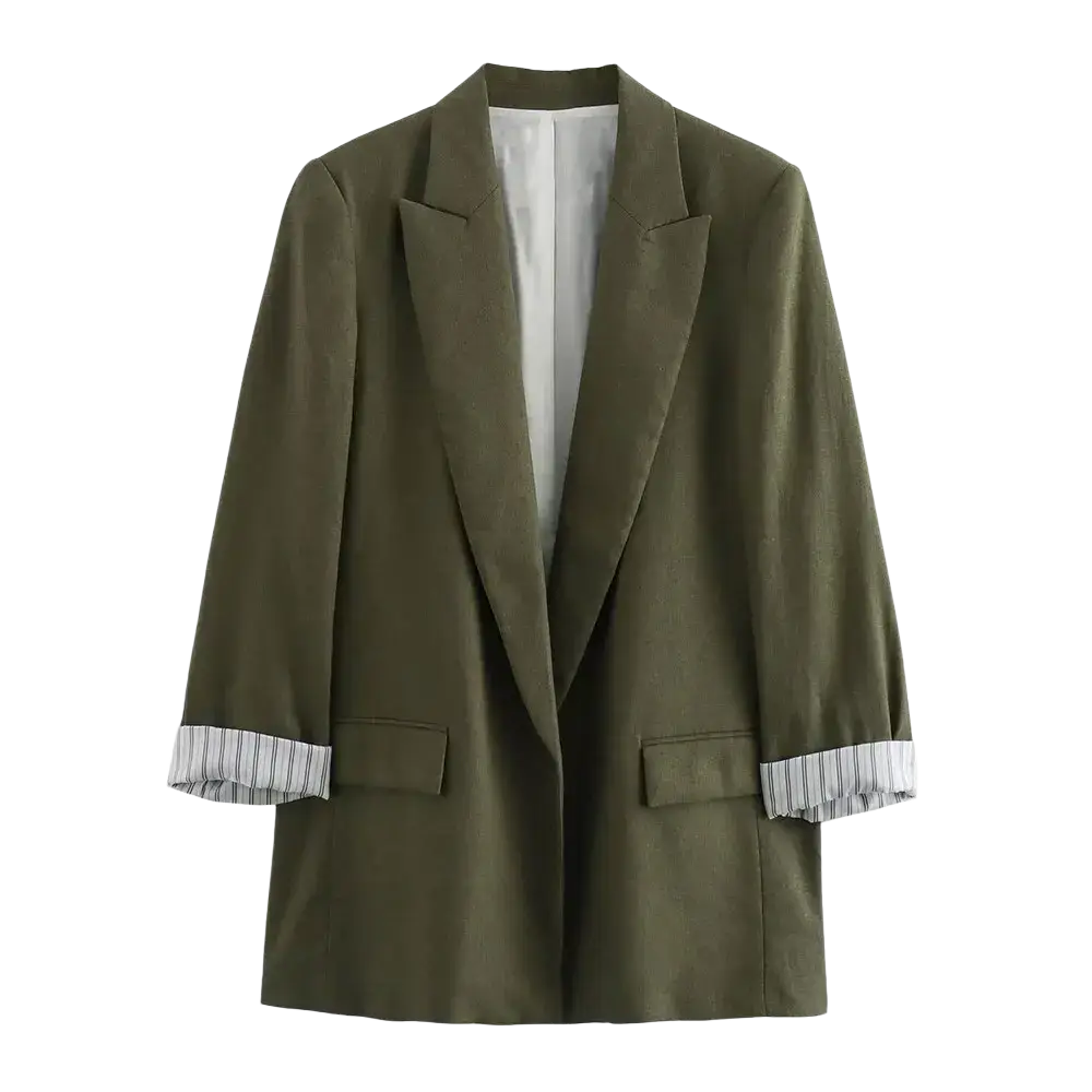 Women olive green blazer featuring striped cuffs and white inner lining suitable for formal and casual wear