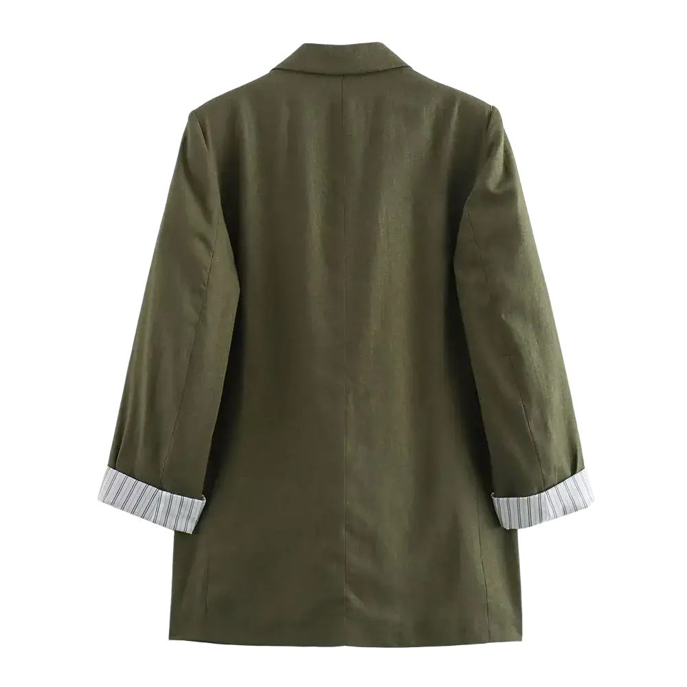 Women olive green blazer featuring striped cuffs in a tailored design for formal and casual occasions