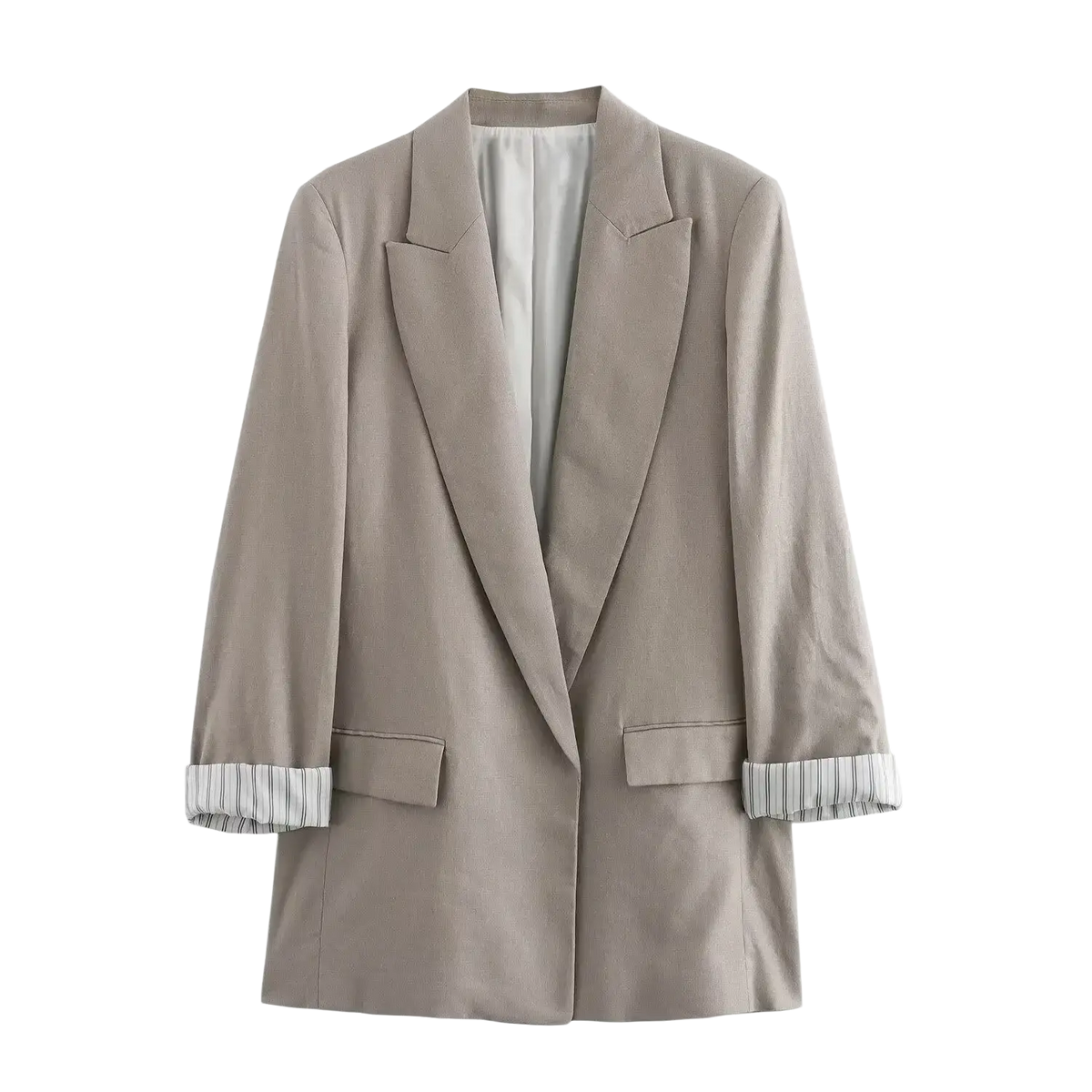 Women olive green blazer featuring beige striped cuffs and light-colored inner lining for a stylish formal look