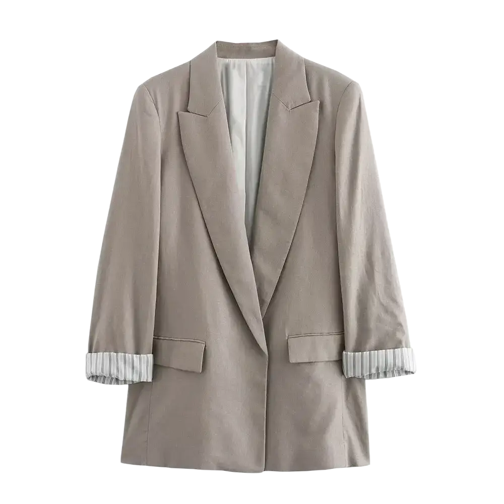 Beige blazer with striped cuffs and light-colored inner lining in women olive green striped cuff blazer product line